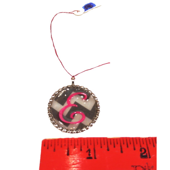 Round Beaded Disc Monogram Pendant Silver Letter E Acrylic Pink 1" - Picture 3 of 5